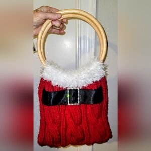 Red Knit Santa Purse With Black Bow and White Trim